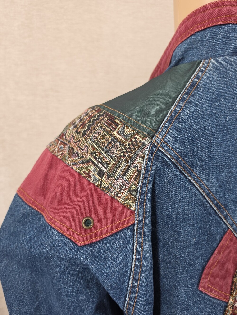 Vintage Denim Blue Jean Oversized Jacket Aztec Tapestry Corduroy Patchwork - Picture 6 of 14